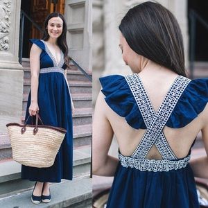 J Crew Maxi Dress - Navy with White Embroidery - LIKE NEW